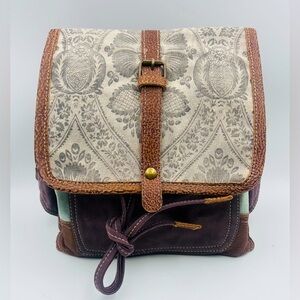 Myra Canvas & Leather Trimmed Backpack Purse Boho Floral Tapestry Print
